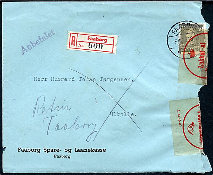 50 øre Chr. X single på anbefalet brev fra Faaborg d. 3.10.1945 til Ulbølle. Fejlagtigt åbnet og lukket med lukkeoblat formular A.61 (6-41) og returneret til Faaborg.