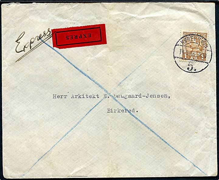 1 kr. Chr. X single på ekspresbrev fra København d. 14.9.1946 til Birkerød. Fold.