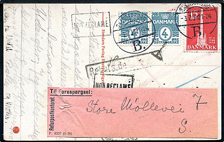 4 øre Bølgelinie (par) og 15 øre Stavnsbåndet på brevkort stemplet Skanderborg B. d. 3.7.1938 til poste restante i Strasbourg, Frankrig. Retur som ikke afhentet med forespørgsel etiket fra Returpostkontoret P.4007 (1-38).