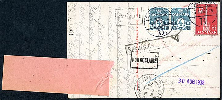 4 øre Bølgelinie (par) og 15 øre Stavnsbåndet på brevkort stemplet Skanderborg B. d. 3.7.1938 til poste restante i Strasbourg, Frankrig. Retur som ikke afhentet med forespørgsel etiket fra Returpostkontoret P.4007 (1-38).