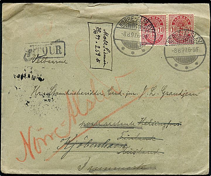 10 øre Våben (2) på brev fra Nørre-Alslev d. 8.8.1897 til Helsingfors, Finland - eftersendt til poste restante i Kjøbenhavn og endelig returneret med del af 2-sproget returetiket Ej afhentet.
