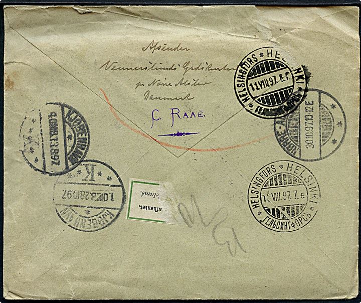10 øre Våben (2) på brev fra Nørre-Alslev d. 8.8.1897 til Helsingfors, Finland - eftersendt til poste restante i Kjøbenhavn og endelig returneret med del af 2-sproget returetiket Ej afhentet.