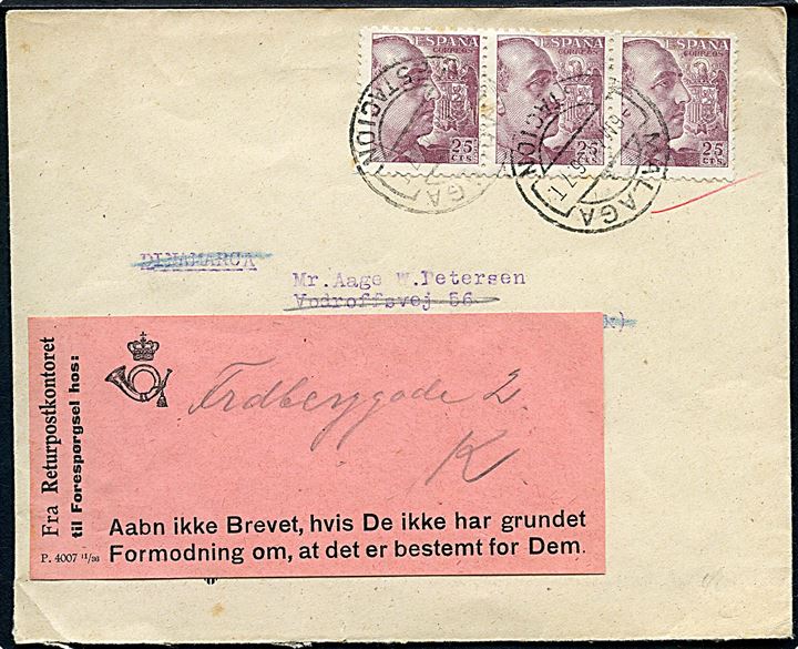 25 pts. Franco (3) på brev fra Malaga d. 6.5.1946 til København, Danmark. Ubekendt efter adresse og forespurgt med etiket fra Returpostkontoret P.4007 11/36.