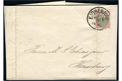 20 øre Tofarvet på brev fra Kjøbenhavn d. 12.8.1881 til Hamburg, Tyskland. Lodret fold gennem mærke.