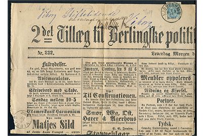 4 øre Tofarvet på del af avis stemplet Kjøbenhavn d. 7.10.1884 til Viborg.