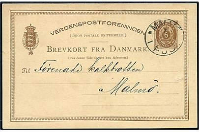 6 øre helsagsbrevkort fra Kjøbenhavn d. 6.5.1884 annulleret med svensk stempel i Malmö d. 7.5.1884 til Malmö, Sverige.