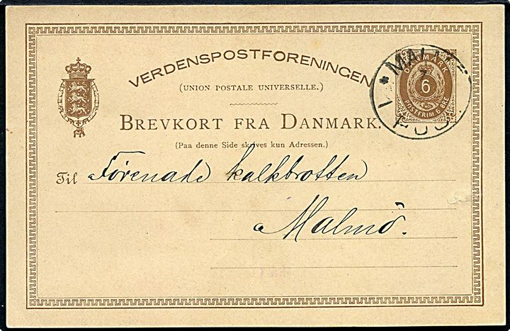 6 øre helsagsbrevkort fra Kjøbenhavn d. 6.5.1884 annulleret med svensk stempel i Malmö d. 7.5.1884 til Malmö, Sverige.