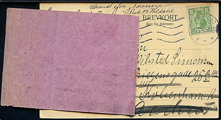 5 øre Chr. X på brevkort fra Aarhus d. 23.12.1916 til Kjøbenhavn. Ubekendt og forespurgt med etiket fra Kjøbmagergades Postkontor.