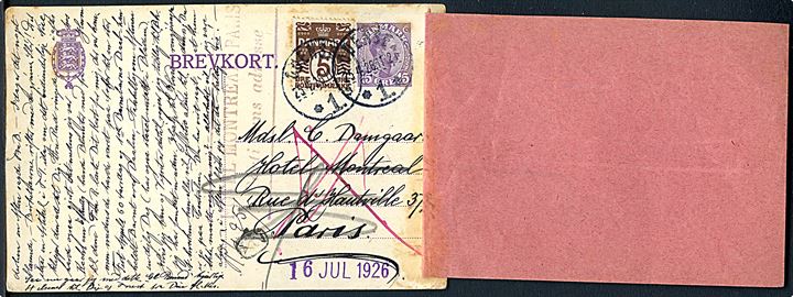 15 øre Chr. X helsagsbrevkort (fabr. 79-H) opfrankeret med 5 øre Bølgelinie fra Odense d. 25.4.1926 til hotel i Paris, Frankrig. Returneret via Returpostkontoret med etiket P. Form. Nr. 4007 (7/1 24).
