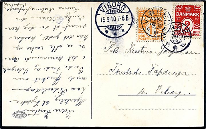 1 øre og 2 øre Bølgelinie på lokalt brevkort annulleret med stjernestempel VINKEL og sidestemplet Viborg d. 15.9.1910 til Thisted Tapdrup pr. Viborg