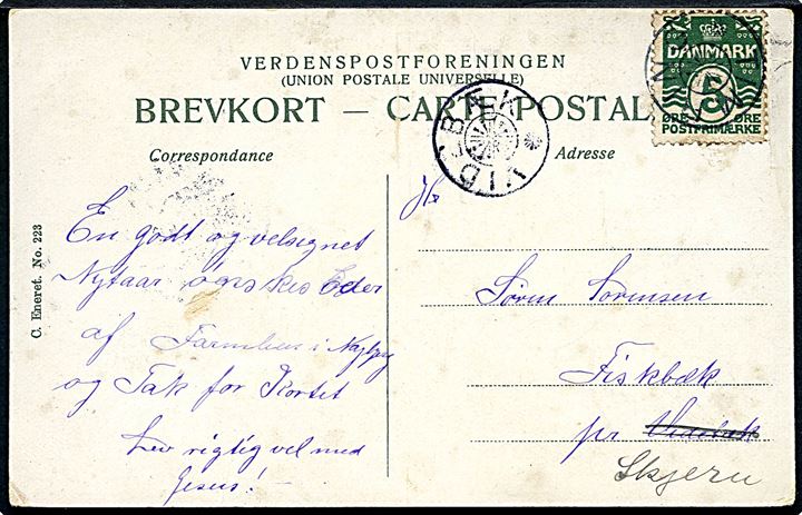 5 øre Bølgelinie på brevkort annulleret med stjernestempel TIMRING til Fiskebæk pr. Videbæk - omadresseret til pr. Skjern med stjernestempel VIDEBÆK.
