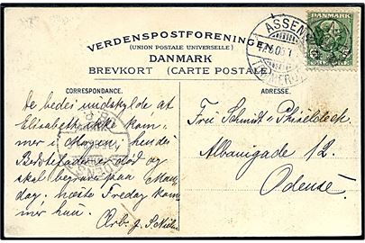 5 øre Chr. IX på brevkort (Odense jernbanestation) annulleret med stjernestempel SANDAGER (type I) og sidestemplet bureau Assens - Tommerup d. 17.5.1906 til Odense.