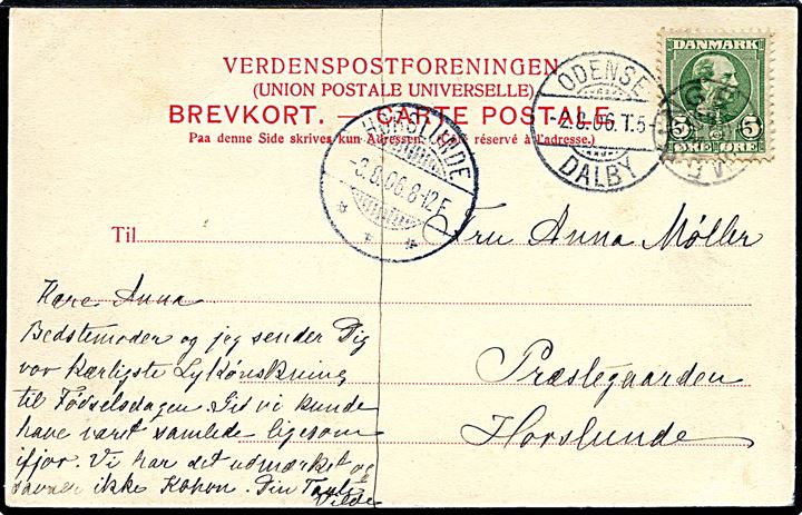 5 øre Chr. IX på brevkort (Torvet Kerteminde) annulleret med stjernestempel MESINGE og sidestemplet bureau Odense - Dalby T.5 d. 2.8.1906 til Horslunde.