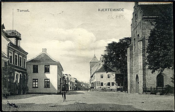 5 øre Chr. IX på brevkort (Torvet Kerteminde) annulleret med stjernestempel MESINGE og sidestemplet bureau Odense - Dalby T.5 d. 2.8.1906 til Horslunde.