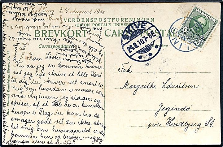 5 øre Fr. VIII på brevkort annulleret med stjernestempel BALLING og sidestemplet Skive d. 24.8.1910 til Jegindø pr. Hvidbjerg St.