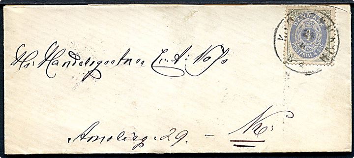 4 øre Tofarvet 1. tryk på lokalbrev annulleret Kjøbenhavn d. 20.6.1875. På bagsiden oblat fra Den kongelige Civilliste-Kasser.
