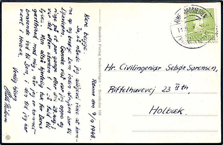 15 øre Chr. X på brevkort (Store Torv, Rønne) annulleret med pr.-stempel Almegaardslejren pr. Rønne d. 11.9.1948 til Holbæk.
