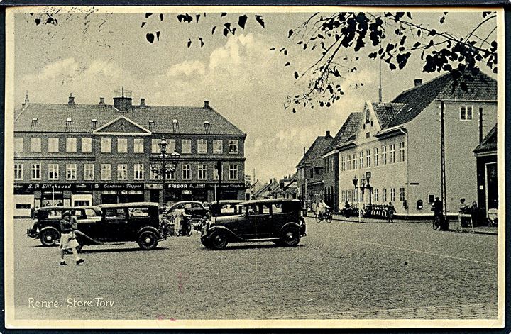 15 øre Chr. X på brevkort (Store Torv, Rønne) annulleret med pr.-stempel Almegaardslejren pr. Rønne d. 11.9.1948 til Holbæk.