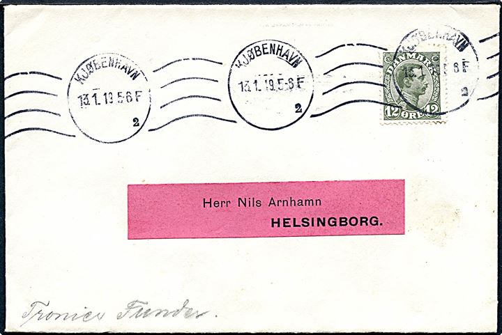12 øre Chr. X single på brev fra Kjøbenhavn d. 13.1.1919 til Helsingborg, Sverige.