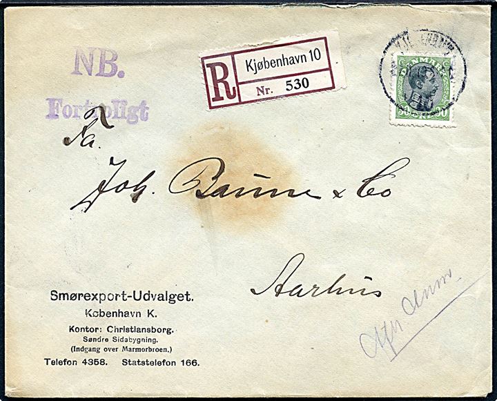 30 øre Chr. X single på anbefalet brev fra Smørexport-Udvalget i Kjøbenhavn d. 27.11.1919 til Aarhus. Violet stempel: N.B. Fortroligt.
