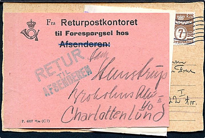 7 øre Bølgelinie og Julemærke 1940 på lokalt julekort i København d. 23.12.1940. Ubekendt og returneret via Returpostkontoret med etiket P.4007 11/36 (C7) til Charlottenlund.