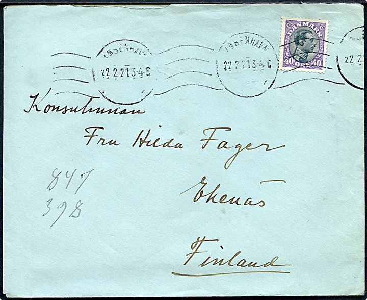 40 øre Chr. X single på brev fra København d. 22.2.1921 til Ekenäs, Finland. Brevtaksten til Finland var som Øvrige udland indtil d. 1.6.1922, hvorefter den blev nedsat til at følge taksten til Norden.