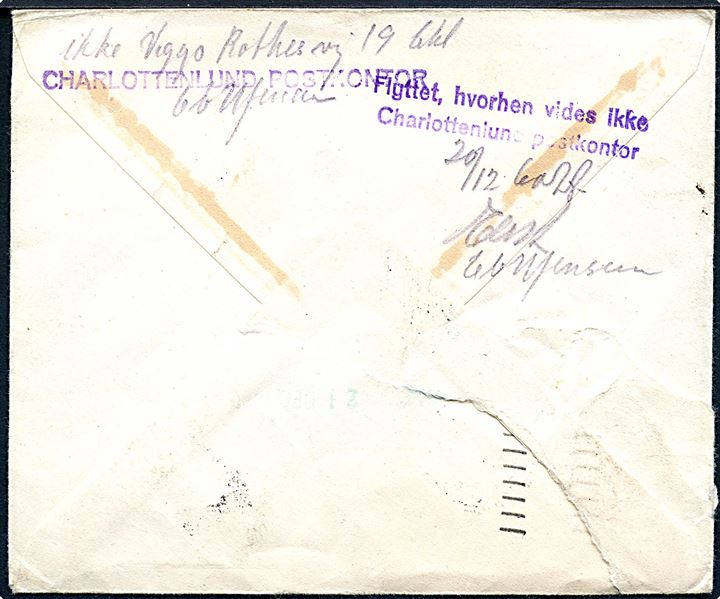 5 cents frankeret brev fra Atlanta d. 6.12.1950 til Charlottenlund. Returneret med sjælden 2-sproget returetiket Flyttet hvorhen vides ikke J.32 (9-47) og forespurgt via Returpostkontoret i Hellerup. Flere stempler.