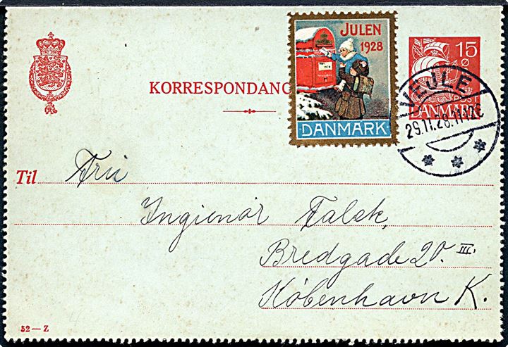 15 øre Karavel helsags korrespondancekort (fabr. 52-Z) med Julemærke 1928 stemplet Vejle d. 29.11.1928 til København.