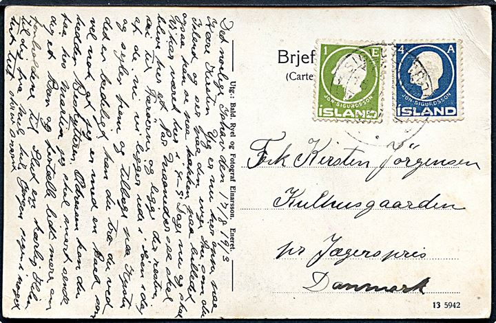 1 eyr og 4 aur Jon Sigurdsson på brevkort (Havneparti fra Akureyri) stemplet Siglufjördur d. 18.8.1913 til Kulhusgaarden pr. Jægerspris. Dateret Det nordlige Ishav og sendt fra sømand ombord på inspektionsskibet Beskytteren.