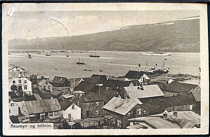 1 eyr og 4 aur Jon Sigurdsson på brevkort (Havneparti fra Akureyri) stemplet Siglufjördur d. 18.8.1913 til Kulhusgaarden pr. Jægerspris. Dateret Det nordlige Ishav og sendt fra sømand ombord på inspektionsskibet Beskytteren.
