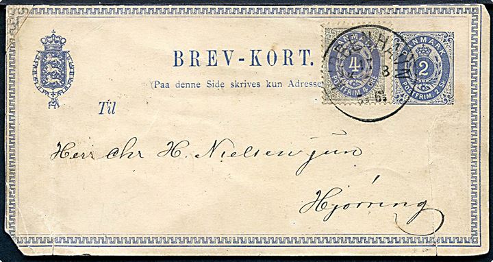 2 sk. helsagsbrevkort anvendt i ØRE-perioden og opfrankeret med 4 øre Tofarvet 7. tryk fra Kjøbenhavn d. 17.7.1877 til Hjørring. Sjælden kombination, men kortet er meget slidt og med fold ved frimærket.