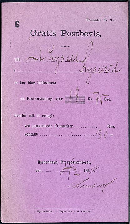 Gratis Postbevis - Formular Nr. 3 c - for afsendelse af postanvisning fra Kjøbenhavns Brevpostkontor d. 2.2.1889 til Lysekil, Sverige.