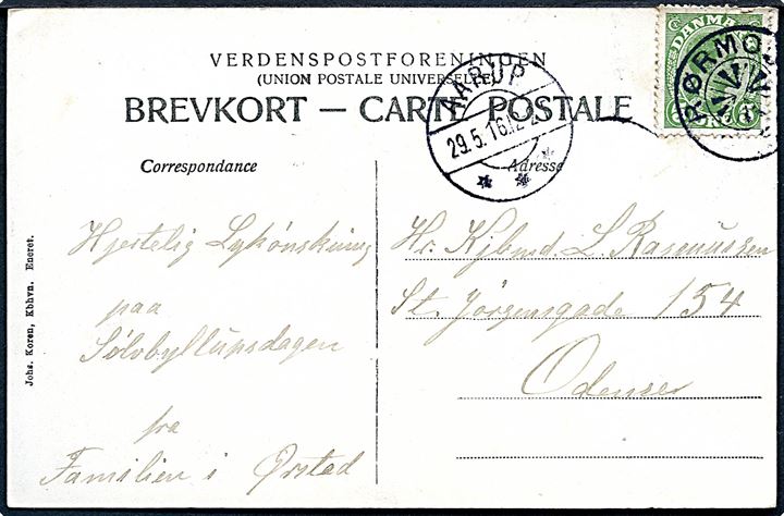 5 øre Chr. X på brevkort dateret i Ørsted annulleret med stjernestempel RØRMOSEHUS og sidestemplet Aarup d. 29.5.1916 til Odense.