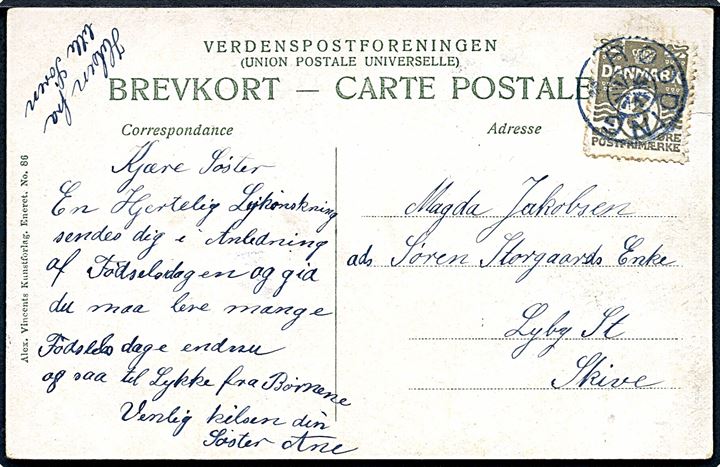 3 øre Bølgelinie på lokalt brevkort (Orlogsskib ved Troense) annulleret med stjernestempel RØDDING til Lyby St. pr. Skive. 