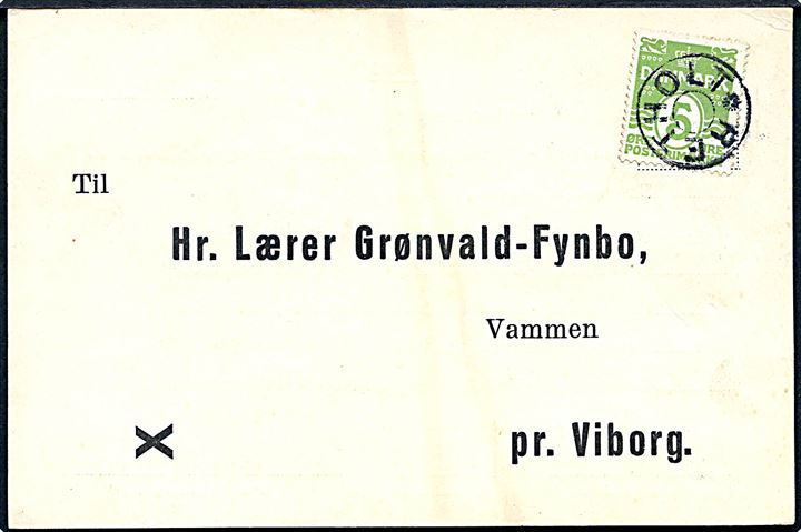 5 øre Bølgelinie på tryksag fra Mygdal skole i 1933 annulleret med udslebet stjernestempel RETHOLT til Vamen pr. Viborg.