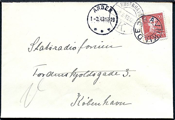20 øre Chr. X på brev annulleret med udslebet stjernestempel RAVNKILDE og sidestemplet brotype IIIc Arden d. 1.3.1943 til Statsradiofonien i København.