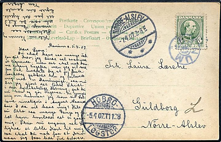 5 øre Chr. IX på brevkort annulleret med stjernestempel RANUM og sidestemplet Hobro - Løgstør T.1128 d. 5.4.1907 til Guldborg L. pr. Nørre-Alslev.