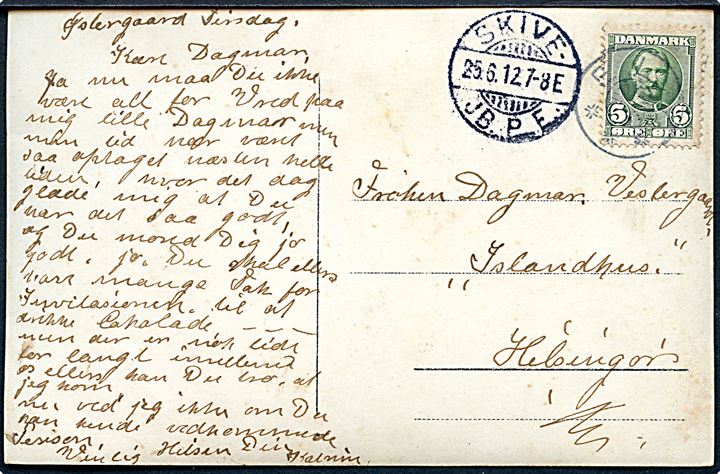5 øre Fr. VIII på brevkort annulleret med stjernestempel FLY og sidestemplet Skive - JB.P.E. d. 25.6.1912 til Helsingør.
