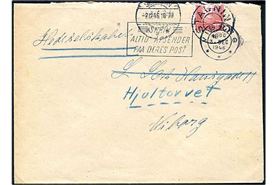 20 øre Chr. X på brev annulleret med udslebet stjernestempel STAUNING og sidestemplet Skjern d. 2.12.1946 til Viborg. Fejlagtigt åbnet af Hedeselskabet . Mærke defekt.