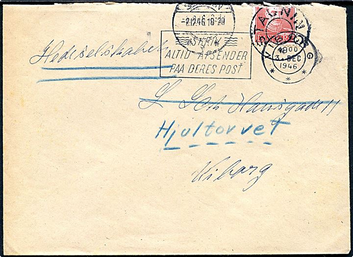 20 øre Chr. X på brev annulleret med udslebet stjernestempel STAUNING og sidestemplet Skjern d. 2.12.1946 til Viborg. Fejlagtigt åbnet af Hedeselskabet . Mærke defekt.