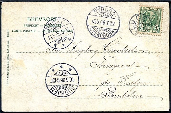 5 øre Chr. IX på brevkort (Dyrehavevejens Villakvarter) annulleret med stjernestempel SLUDE og sidestemplet bureau Nyborg - Svendborg T.22 d. 15.5.1906 via Rønne til Gudhjem, Bornholm.