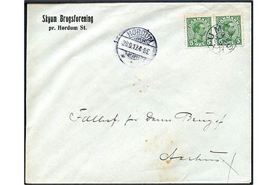 5 øre Chr. X i parstykke på brev annulleret med stjernestempel SKYUM og sidestemplet Hørdum d. 28.9.1917 til Aarhus.