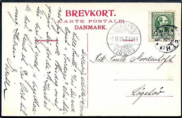 5 øre Chr. IX på brevkort dateret Dollerup Mølle annulleret med stjernestempel SKJELHØJE og sidestemplet bureau Herning - Viborg T.1149 d. 9.11.1906 til Løgstør.