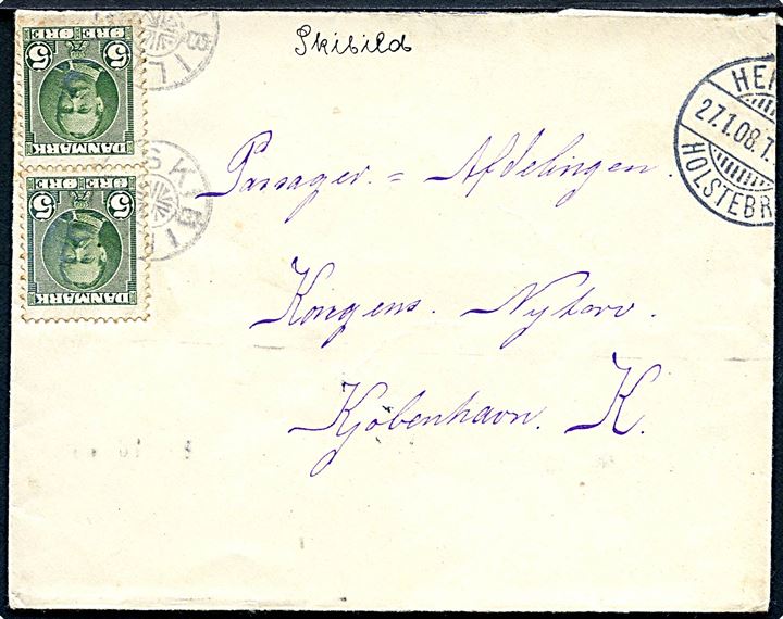 5 øre Fr. VIII i parstykke på brev annulleret med stjernestempel SKIBILD og sidestemplet med yderligt placeret bureaustempel Herning - Holstebro T.? d. 27.1.1908 til Kjøbenhavn.