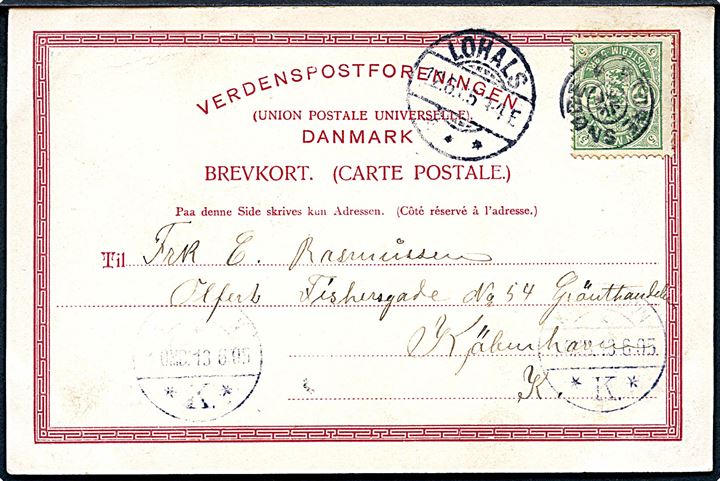 5 øre Våben på brevkort annulleret med stjernestempel STORE SNØDE og sidestemplet Lohals d. 12.6.1905 til Kjøbenhavn.