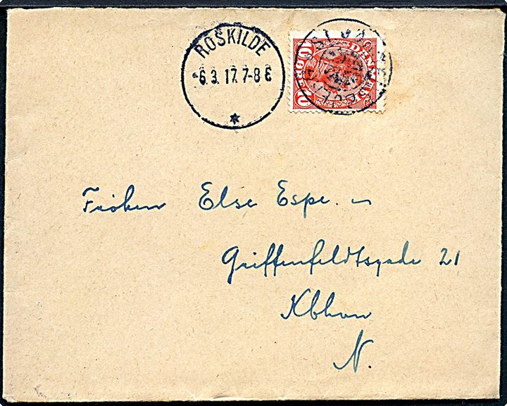 10 øre Chr. X på brev annulleret med stjernestempel ST. JØRGENSBJERG og sidestemplet Roskilde d. 6.3.1917 til København.