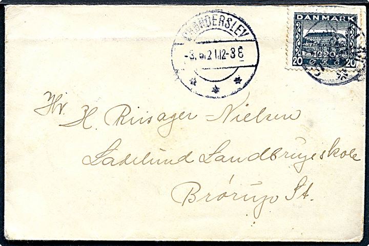 20 øre Genforening på brev annulleret med stjernestempel STENUM og sidestemplet Brønderslev d. 8.6.1921 til Brørup.