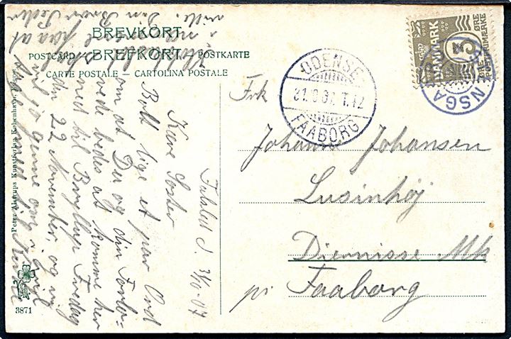 3 øre Bølgelinie på lokalt brevkort (Svanninge kirke) annulleret med stjernestempel STENSGAARD og sidestemplet bureau Odense - Faaborg T.42 d. 21.10.1907 til Faaborg. Stempel kun benyttet i 1907-08.
