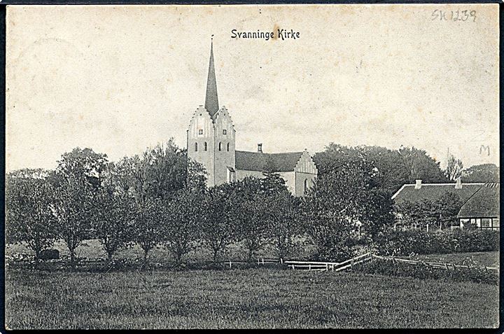 3 øre Bølgelinie på lokalt brevkort (Svanninge kirke) annulleret med stjernestempel STENSGAARD og sidestemplet bureau Odense - Faaborg T.42 d. 21.10.1907 til Faaborg. Stempel kun benyttet i 1907-08.