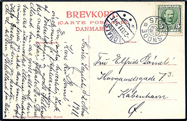 5 øre Fr. VIII på brevkort (Parti fra Lohals) annulleret med stjernestempel STORE SNØDE og sidestemplet Lohals d. 2.11.1911 til København.